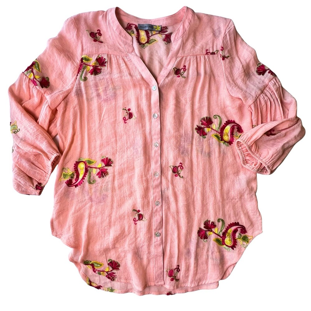 Embroidered Pink Button-Front Blouse